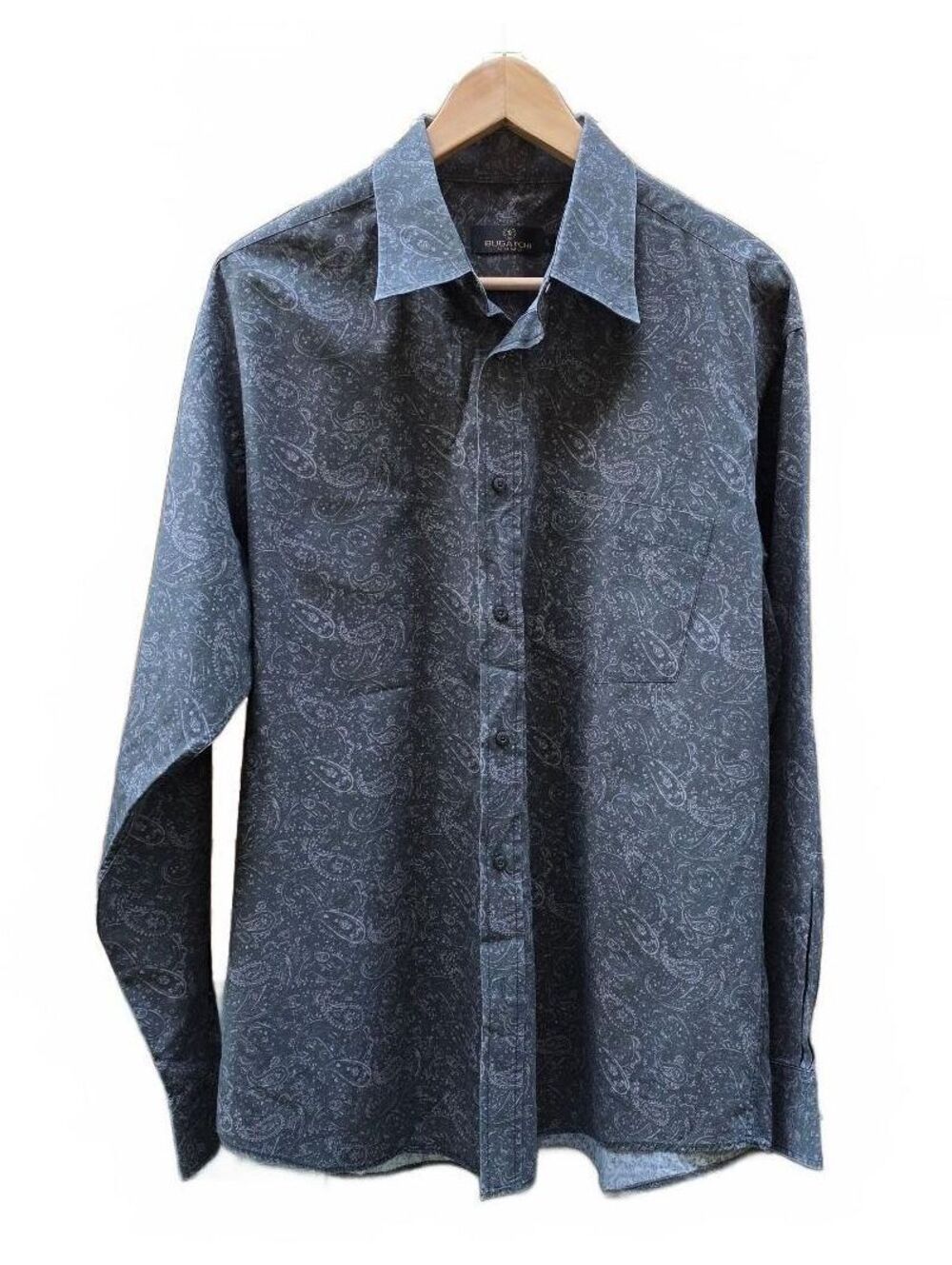 Bugatchi Uomo Mens Large L Long Sleeve Button Down Shirt Cotton Grey Paisley